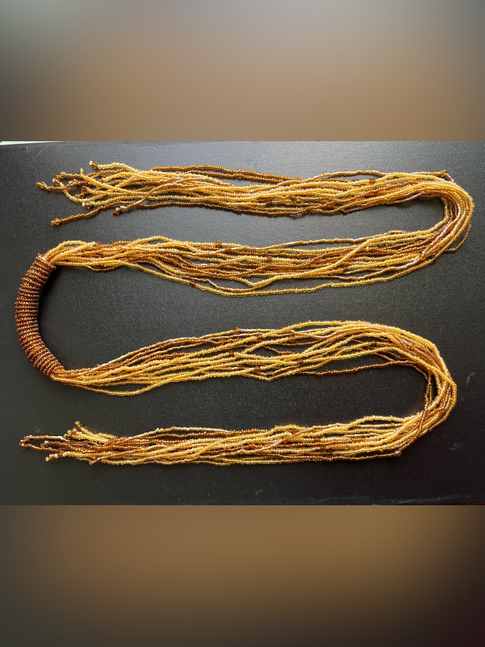 Artisan made Golden Honey Seed Bead Multi-Strand Neck Tie Necklace 46” Long